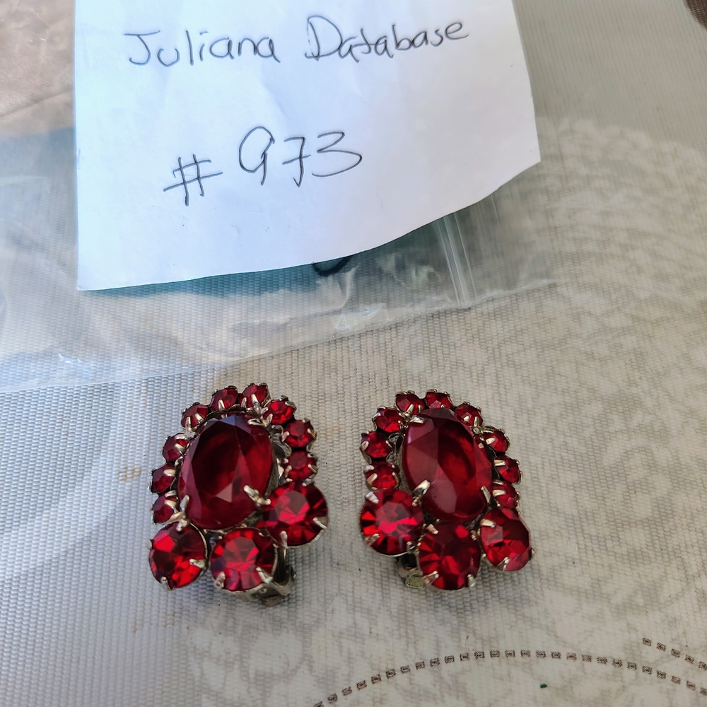 Vintage Juliana Red Rhinestone Clip-On Earrings Silver Tone Statement Jewelry